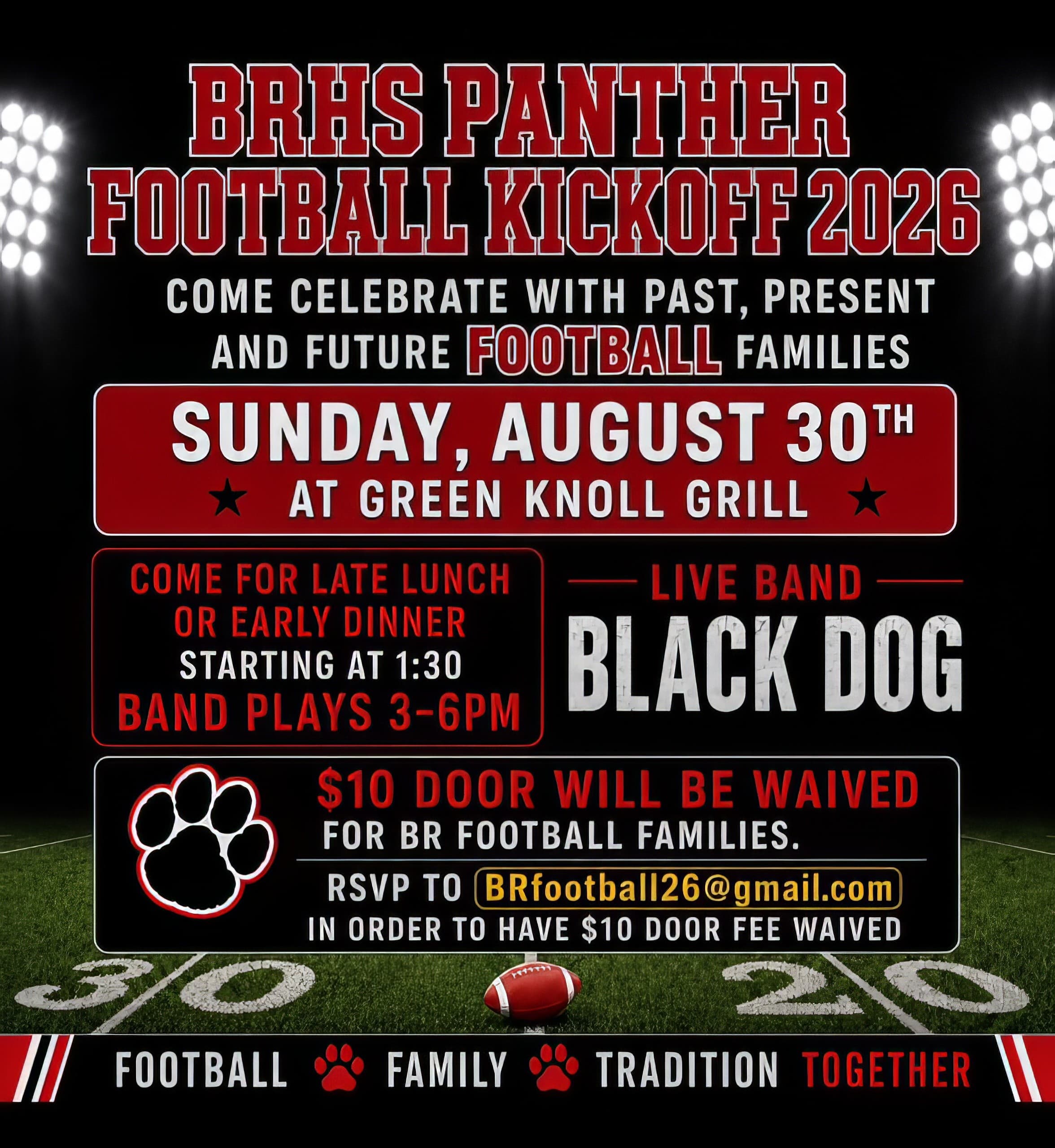 BRHS Panther Football Family Day / Kickoff 2026 flyer — Sunday, August 30 at Green Knoll Grill