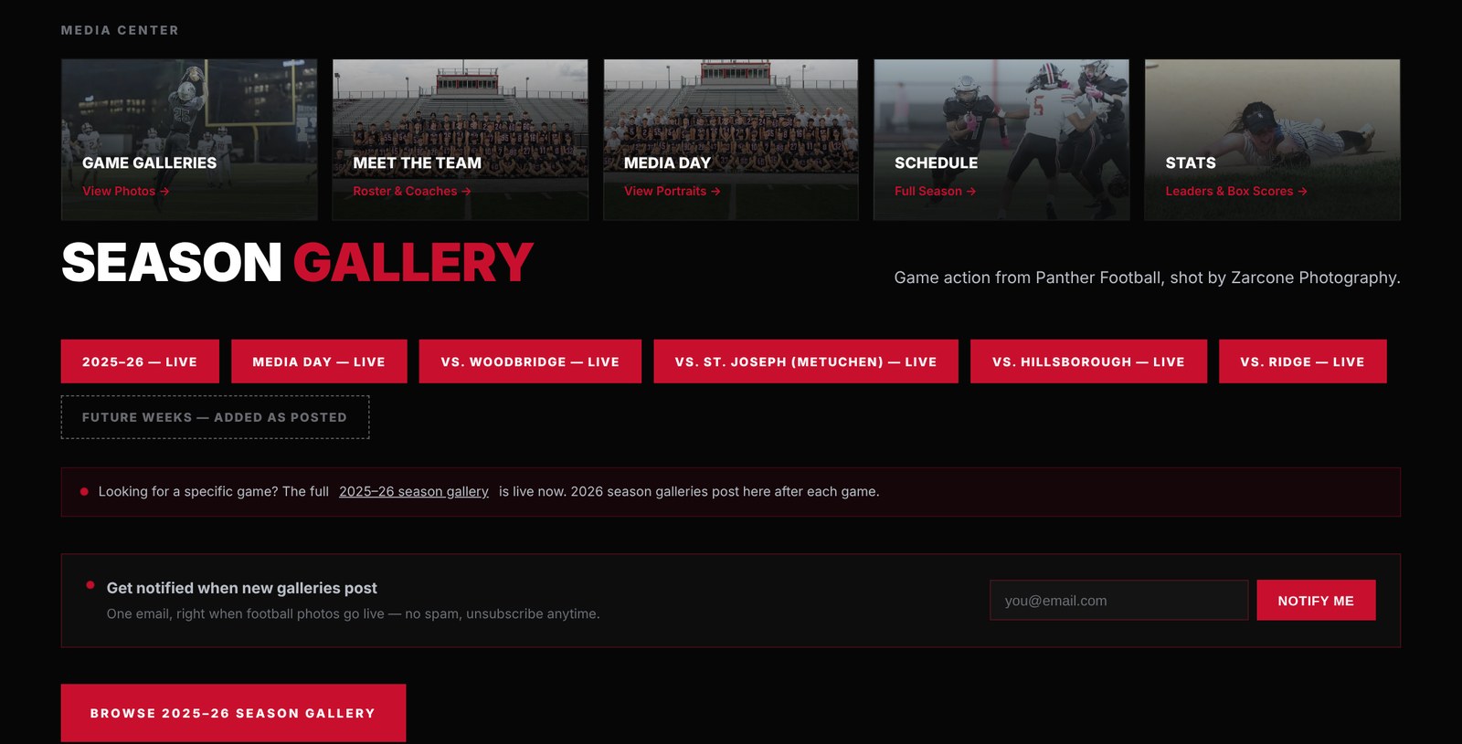 BRHS Panther Football Media Hub showing the Media Center navigation and the Season Gallery with game-by-game galleries and a sign-up for new gallery alerts
